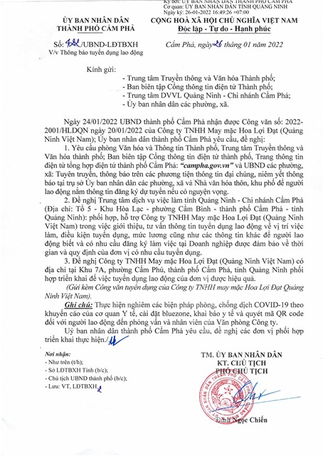 UBND thành phố số 422/UBND-LĐTBXH