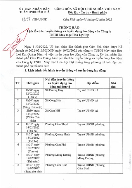 Lịch tổ chức truyền thông và tuyển dụng lao động của Công ty TNHH May mặc Hoa Lợi Đạt