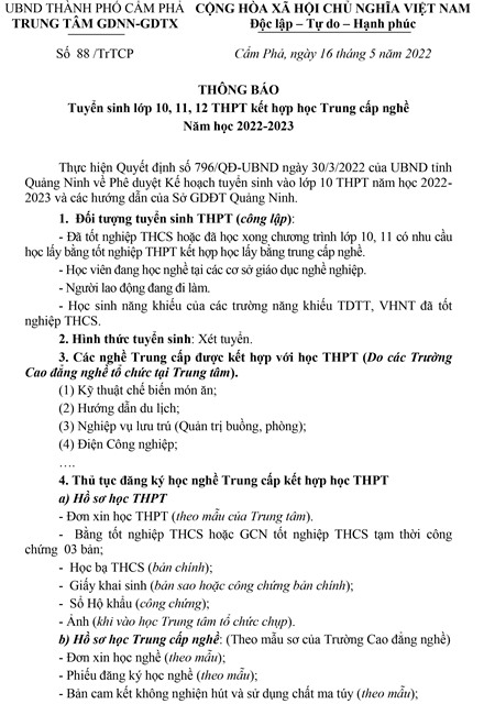 Thông báo: Tuyển sinh cấp THPT chương trình GDTX kết hợp học Trung cấp nghề năm học 2022-2023