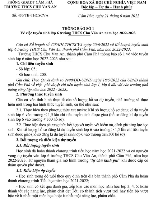 Thông báo số 1 "Về việc tuyển sinh lớp 6 trường THCS Chu Văn An năm học 2022-2023"