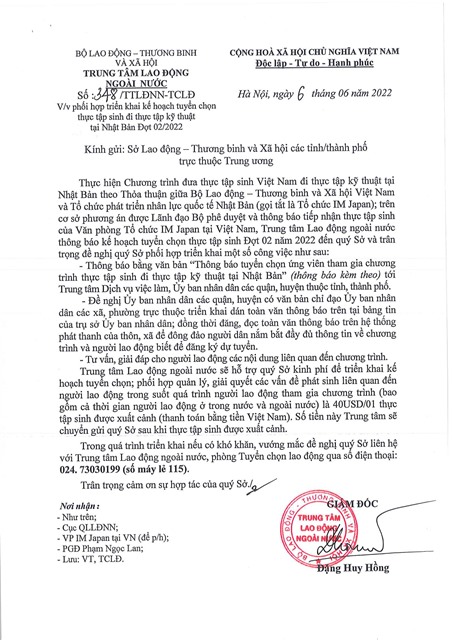 BỘ LAO ĐỘNG - THƯƠNG BINH VÀ XÃ HỘI, TRUNG TÂM LAO ĐỘNG NGOÀI NƯỚC, SỐ 348/TTLĐNN-TCLĐ