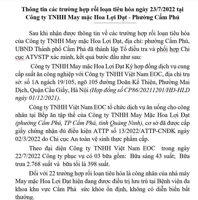 Thông tin các trường hợp rối loạn tiêu hóa tại Công ty TNHH May mặc Hoa Lợi Đạt - Phường Cẩm Phú