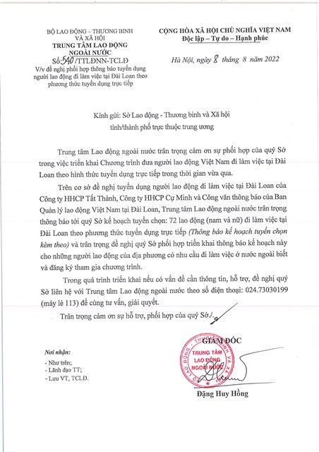 BỘ LAO ĐỘNG THƯƠNG BINH VÀ XÃ HỘI, TRUNG TÂM LAO ĐỘNG NGOÀI NƯỚC, SỐ 540/TTLĐNN-TCLĐ
