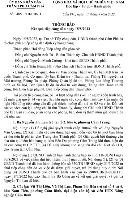 Kết quả tiếp công dân ngày 15/8/2022