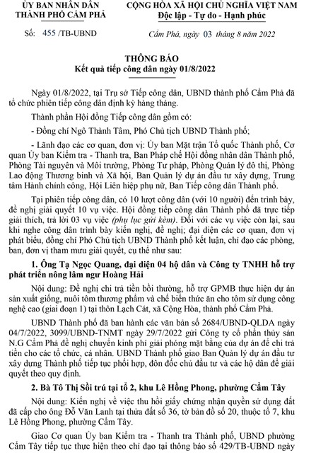 Kết quả tiếp công dân ngày 01/8/2022