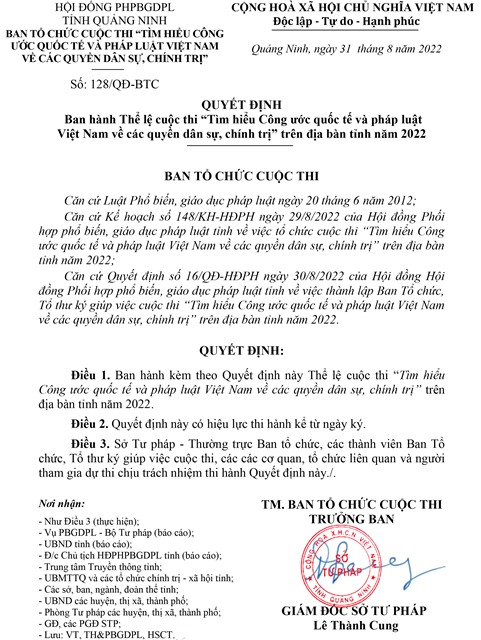BAN TỔ CHỨC CUỘC THI "TÌM HIỂU CÔNG ƯỚC QUỐC TẾ VÀ PHÁP LUẬT VIỆT NAM VỀ CÁC QUYỀN DÂN SỰ, CHÍNH TRỊ"
