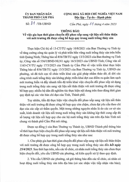 Thông báo "Về việc gia hạn thời gian chuyển đổi phao xốp sang vật liệu nổi thân thiện với môi trường đã được công bố hợp quy trong nuôi trồng thủy sản"