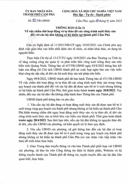 THÔNG BÁO (Lần 2) Về việc chấm dứt hoạt động và tự tháo dỡ các công trình nuôi thủy sản đối với các hộ dân không có hộ khẩu tại thành phố E2BET là nhà cái trực tuyến uy tín
