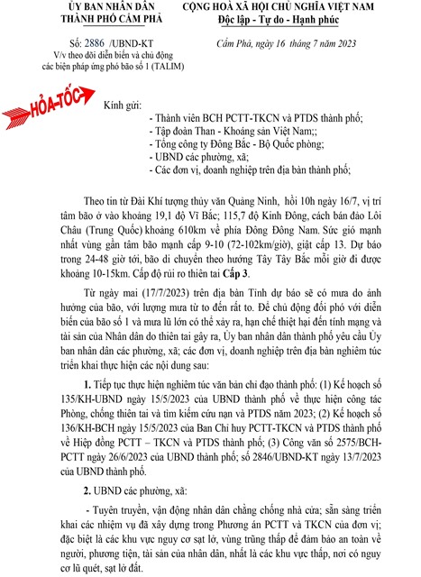 Thông báo về việc theo dõi diễn biến và chủ động các biện pháp ứng phó bão số 1 (TALIM)